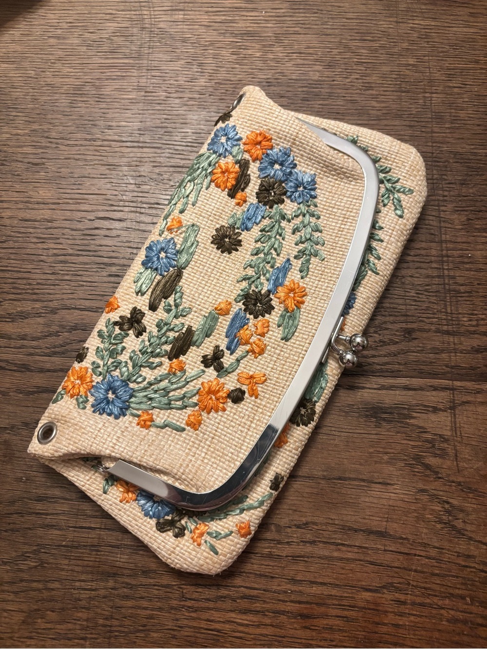 RAFE Embroidered Floral Clutch - Beige with Blue & Orange Flowers